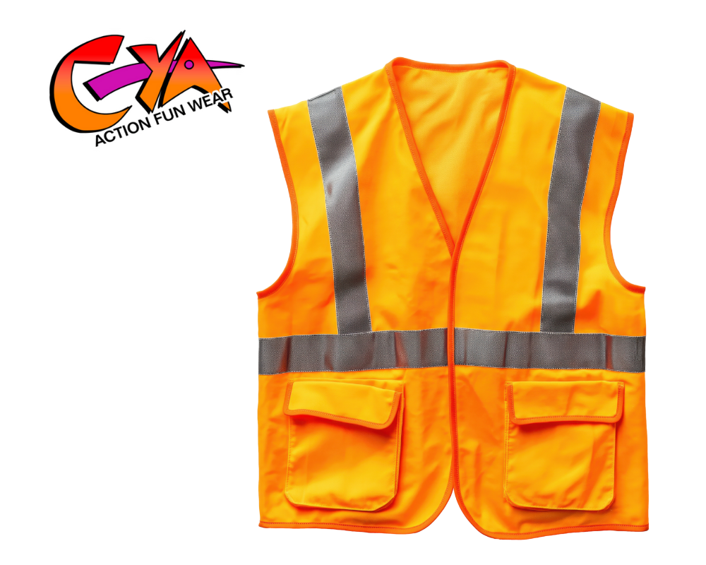 Bright orange safety vest with reflective silver stripes, two front pockets, and the "GYA Action Fun Wear" logo in the top left corner—perfect for teaming up with CYA TEES for added visibility and style.